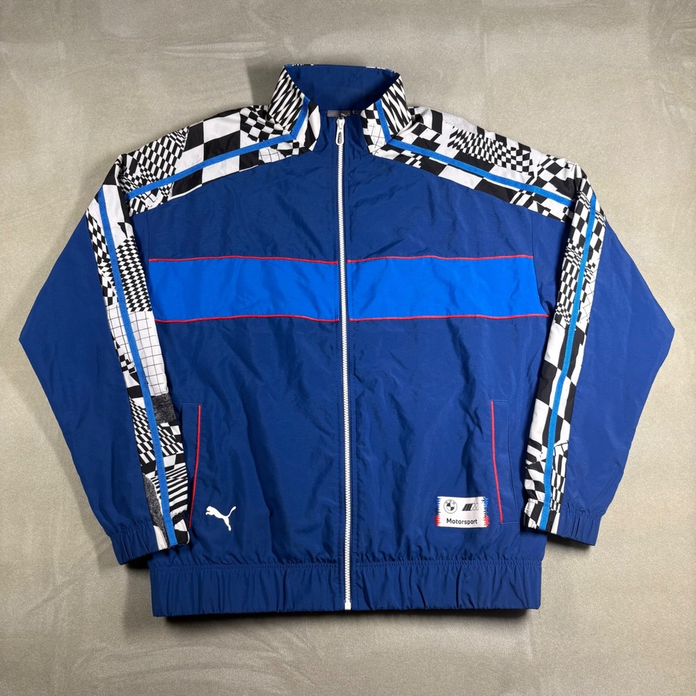 Puma BMW M Motorsport Track Jacket Mens Medium Blue Checkered Zip Windbreaker